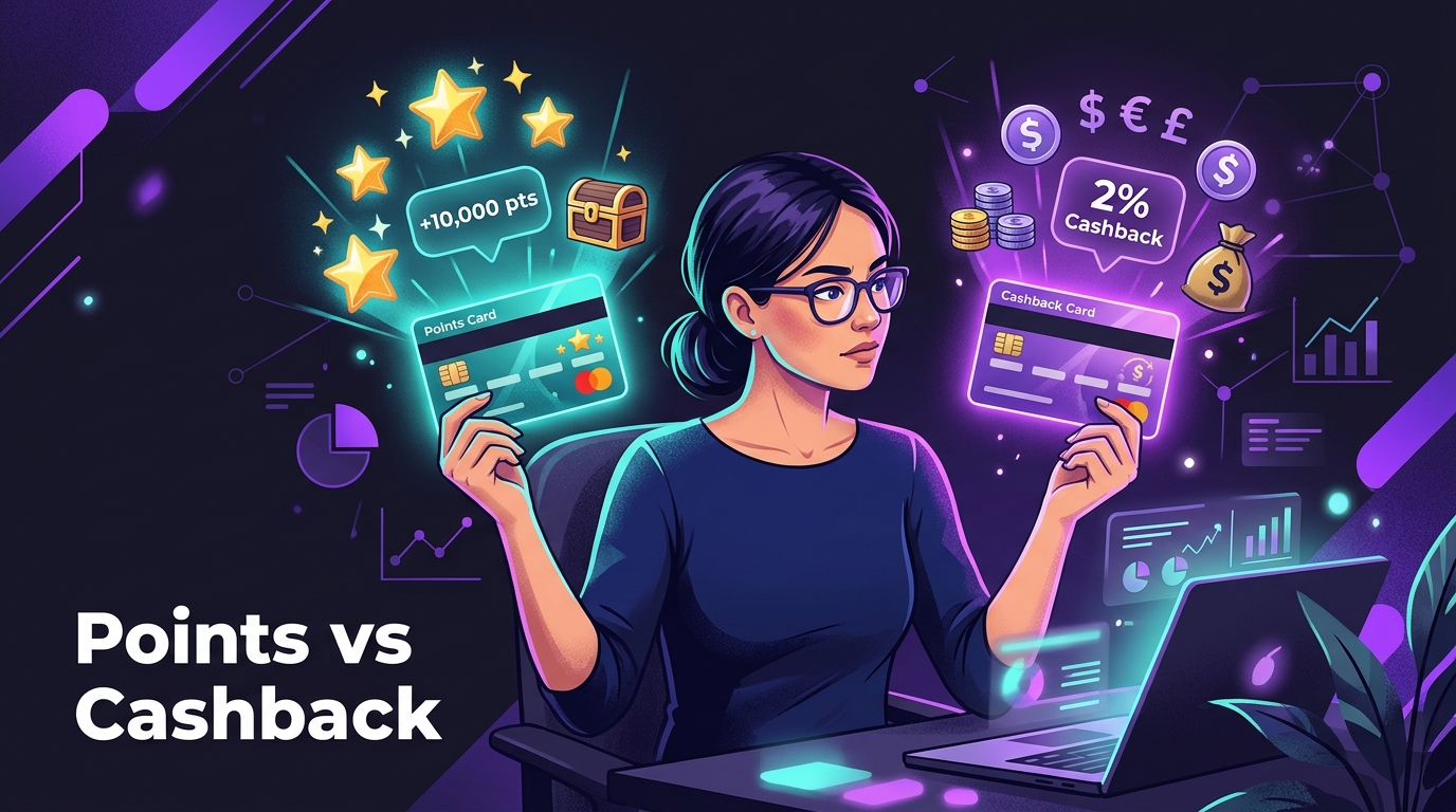 Person comparing reward points and cashback options on credit cards