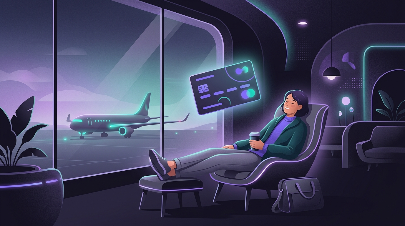 Traveller relaxing in an airport lounge beside a floating credit card