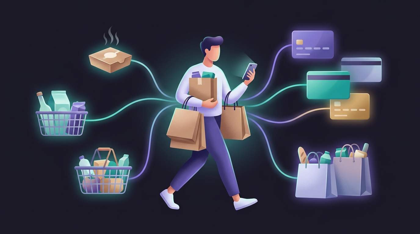 Illustration of a shopper with parcels and cards connected to different spending categories