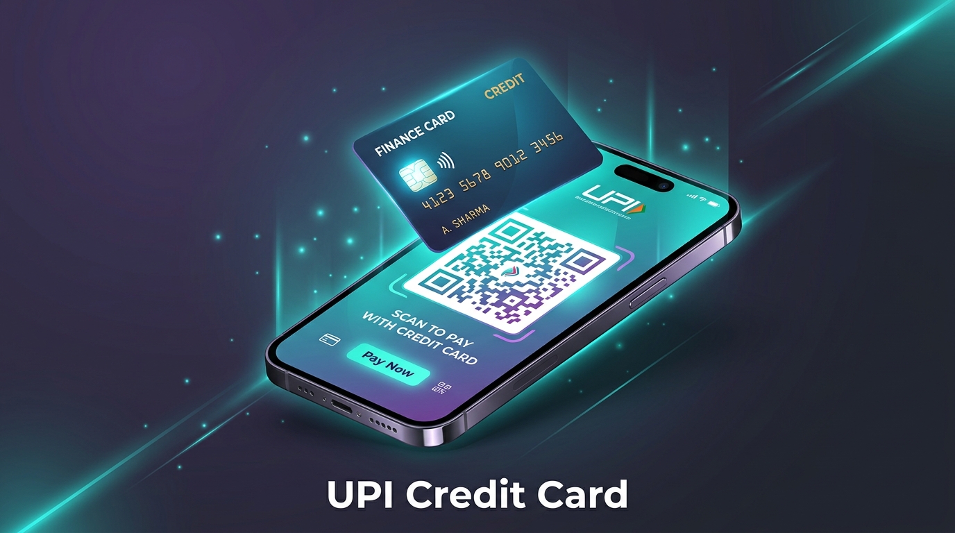 Smartphone with QR code and generic credit card, text UPI Credit Card