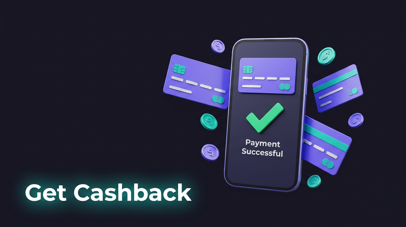 Smartphone showing successful credit card bill payment with cashback icons around