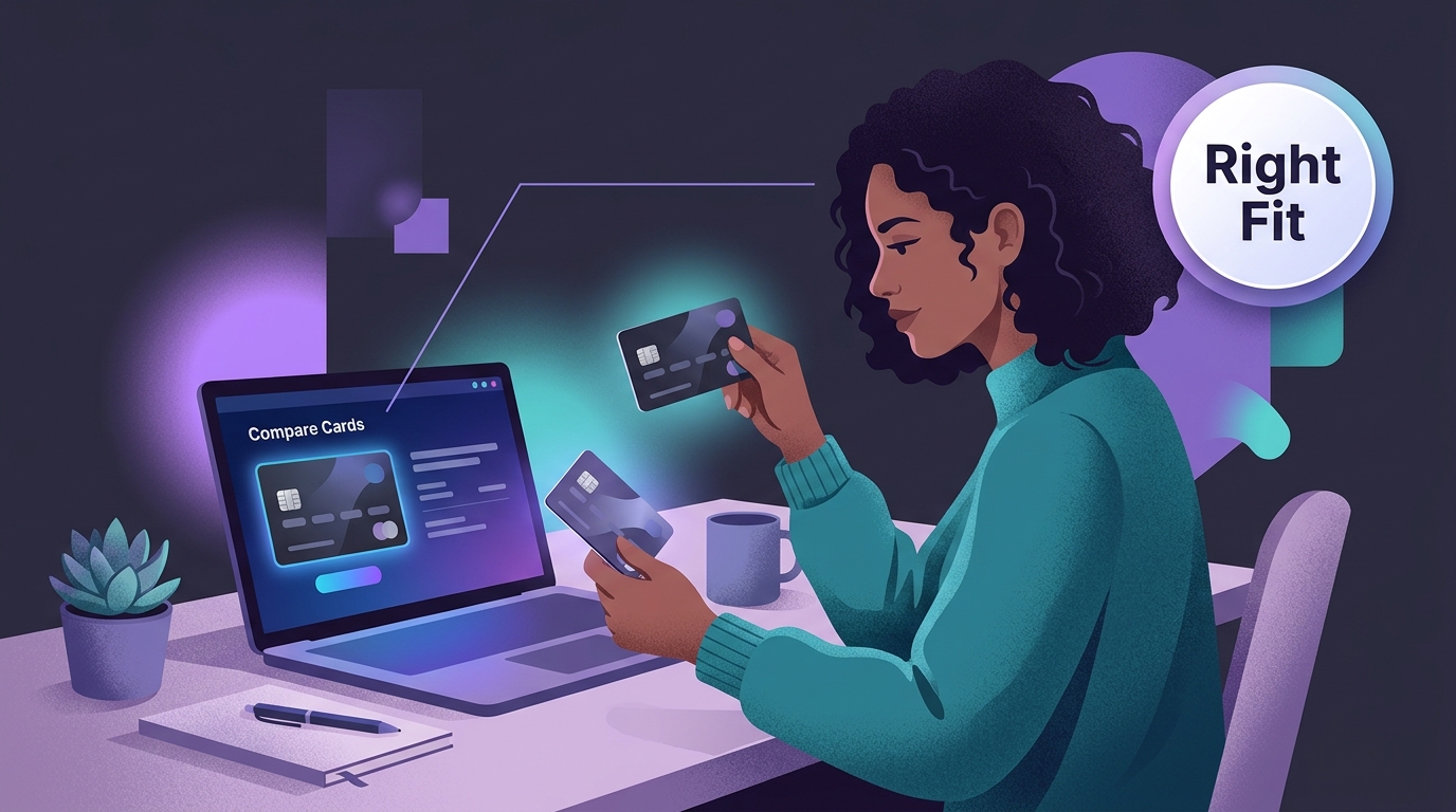 Person comparing two credit cards with right fit label