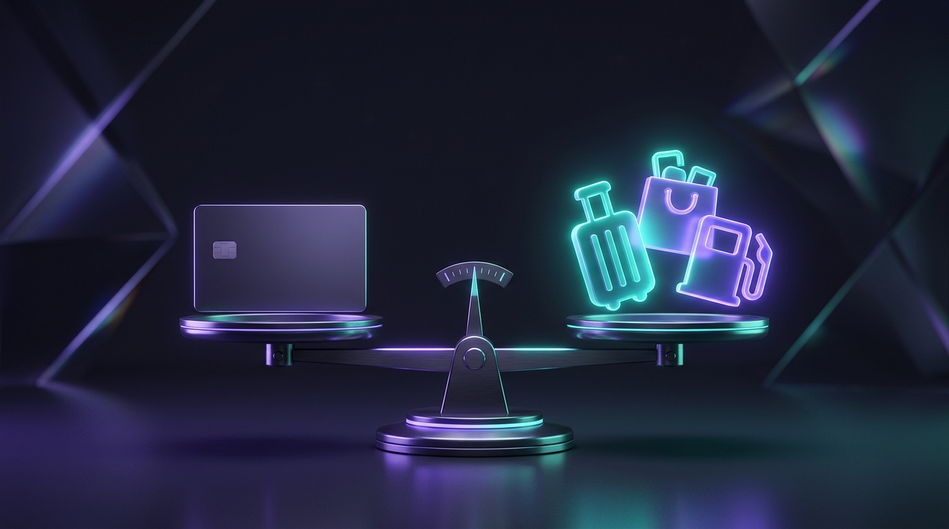 Balance scale weighing a credit card against shopping, fuel and travel icons