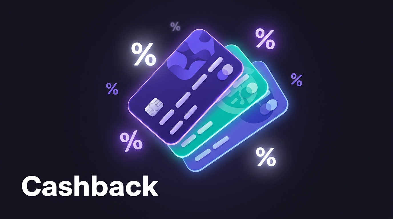 Three stylized credit cards with floating percentage symbols representing cashback rewards.