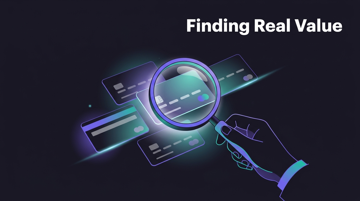 Magnifying glass inspecting credit cards to find value