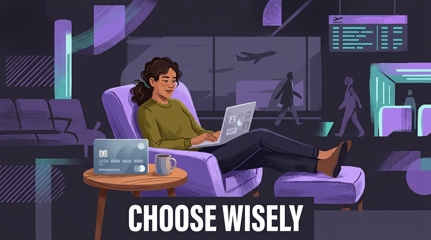 Person relaxing in an airport lounge with a laptop and credit card