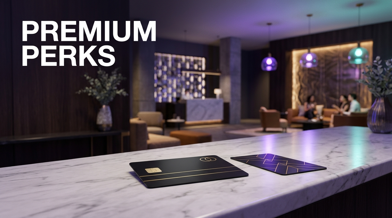 Premium credit card and hotel room key on a marble counter in a luxury lobby