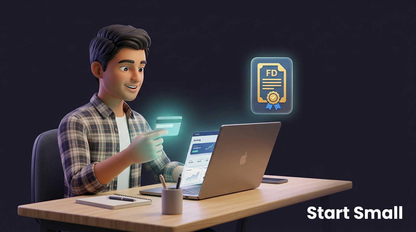 Student holding a credit card with a fixed deposit certificate icon
