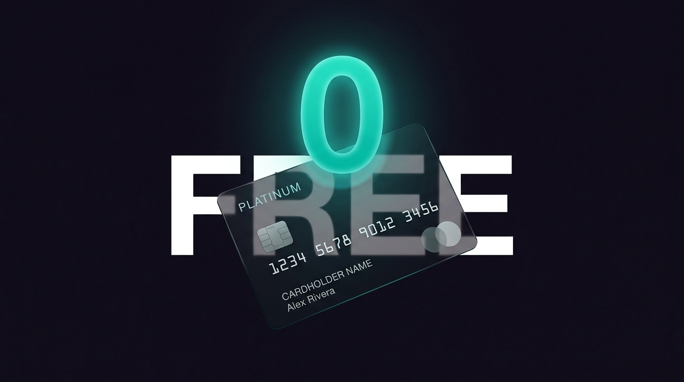 Credit card with glowing zero indicating no annual fee