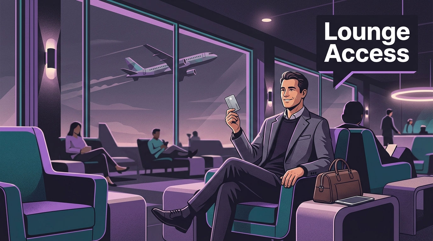 Traveller relaxing in an airport lounge holding a credit card with text Lounge Access