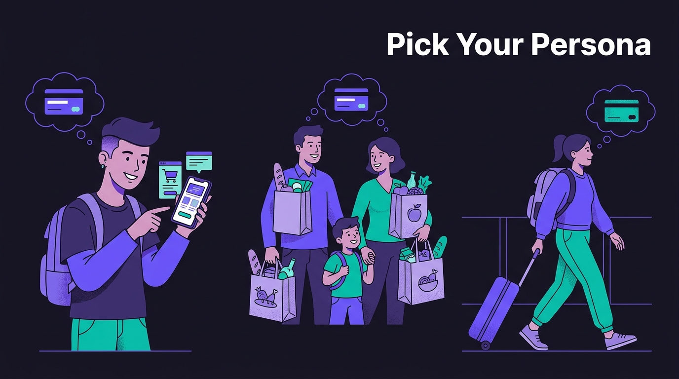 Three shopper profiles with credit card icons