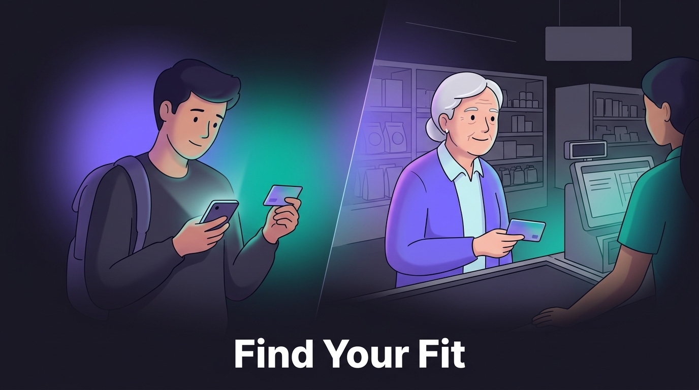 Different people choosing credit cards for their needs