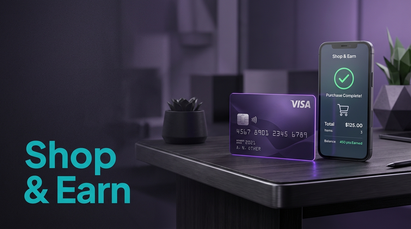 Credit card and smartphone with shopping app illustration for earning rewards