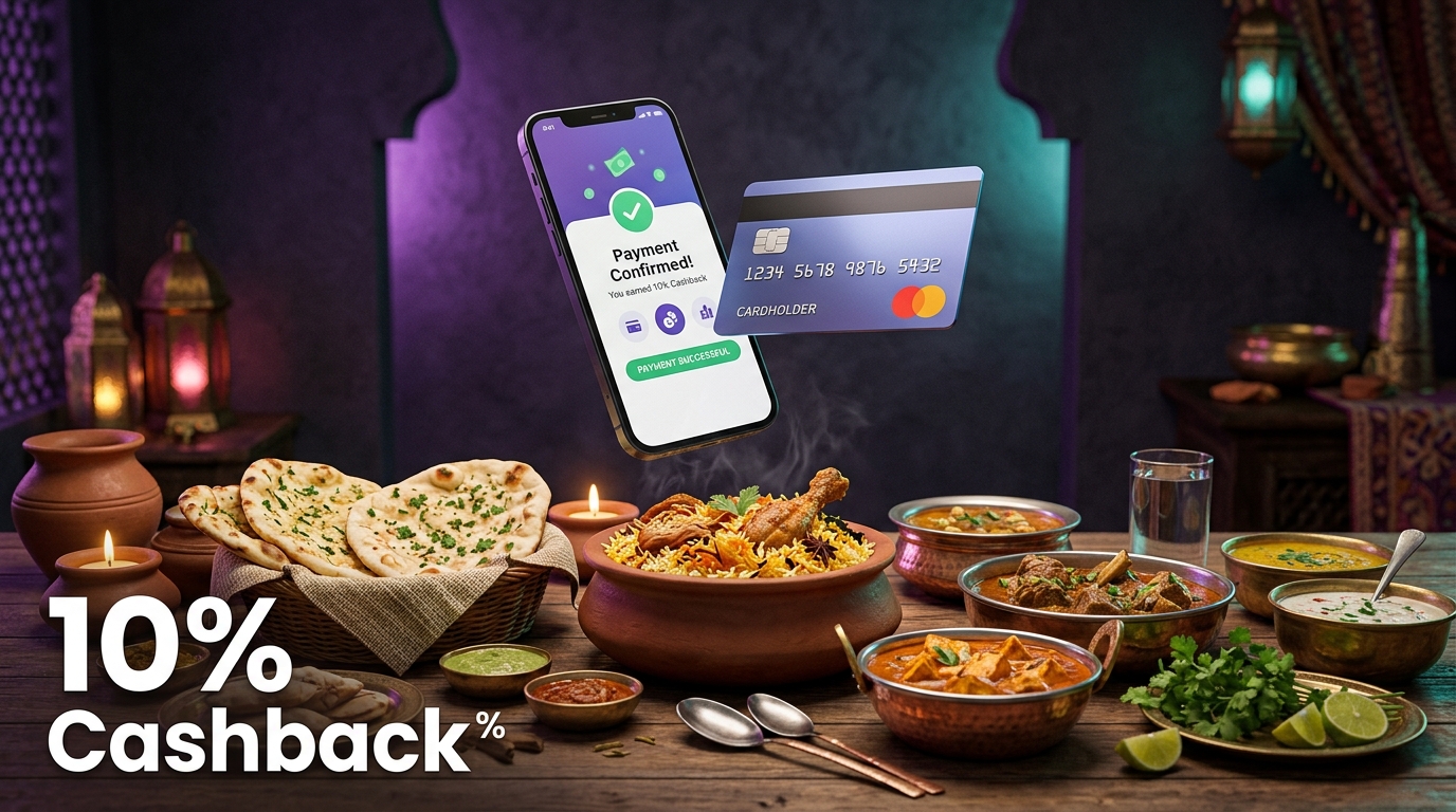 Smartphone and credit card above Indian dishes with 10 percent cashback label