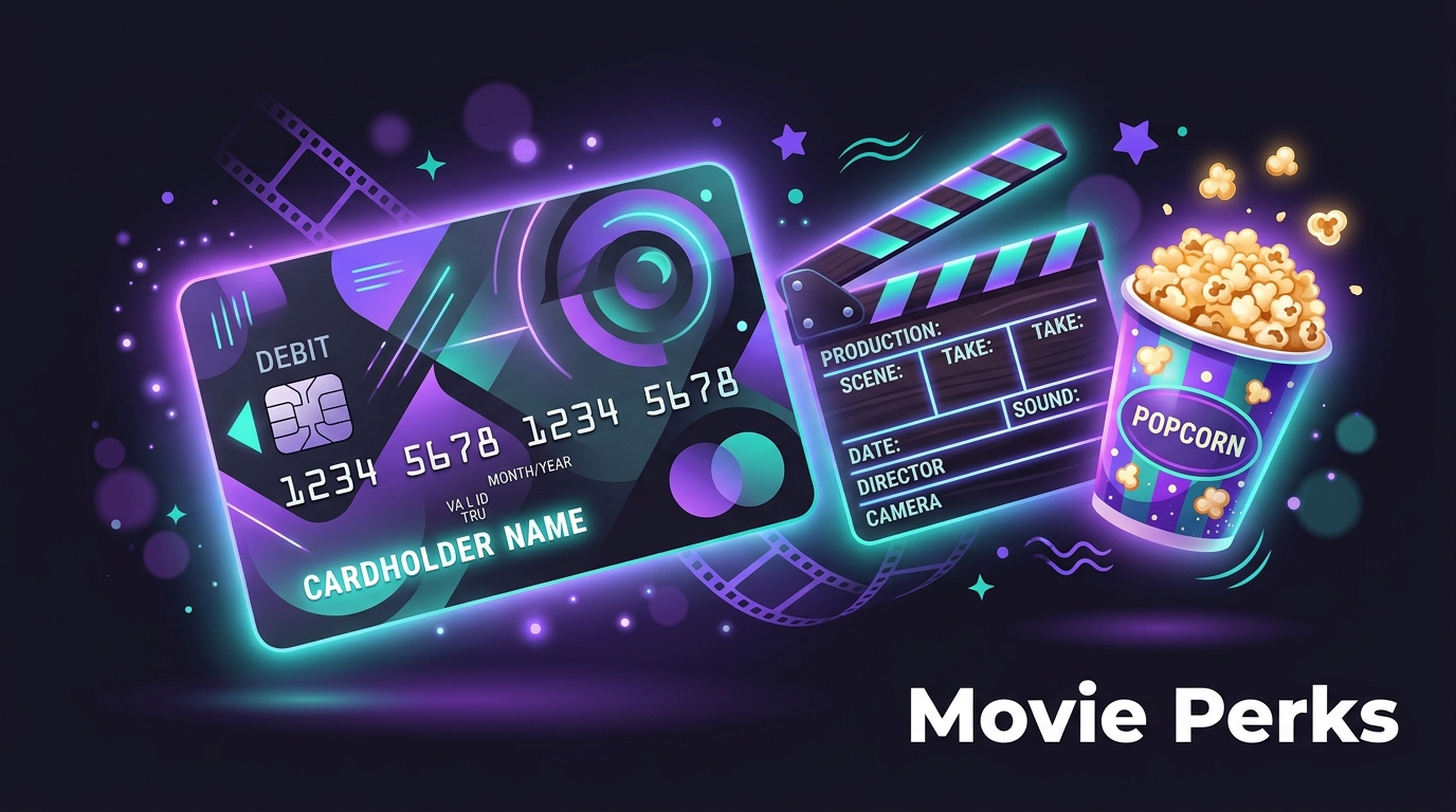 Credit card with clapperboard and popcorn representing movie benefits