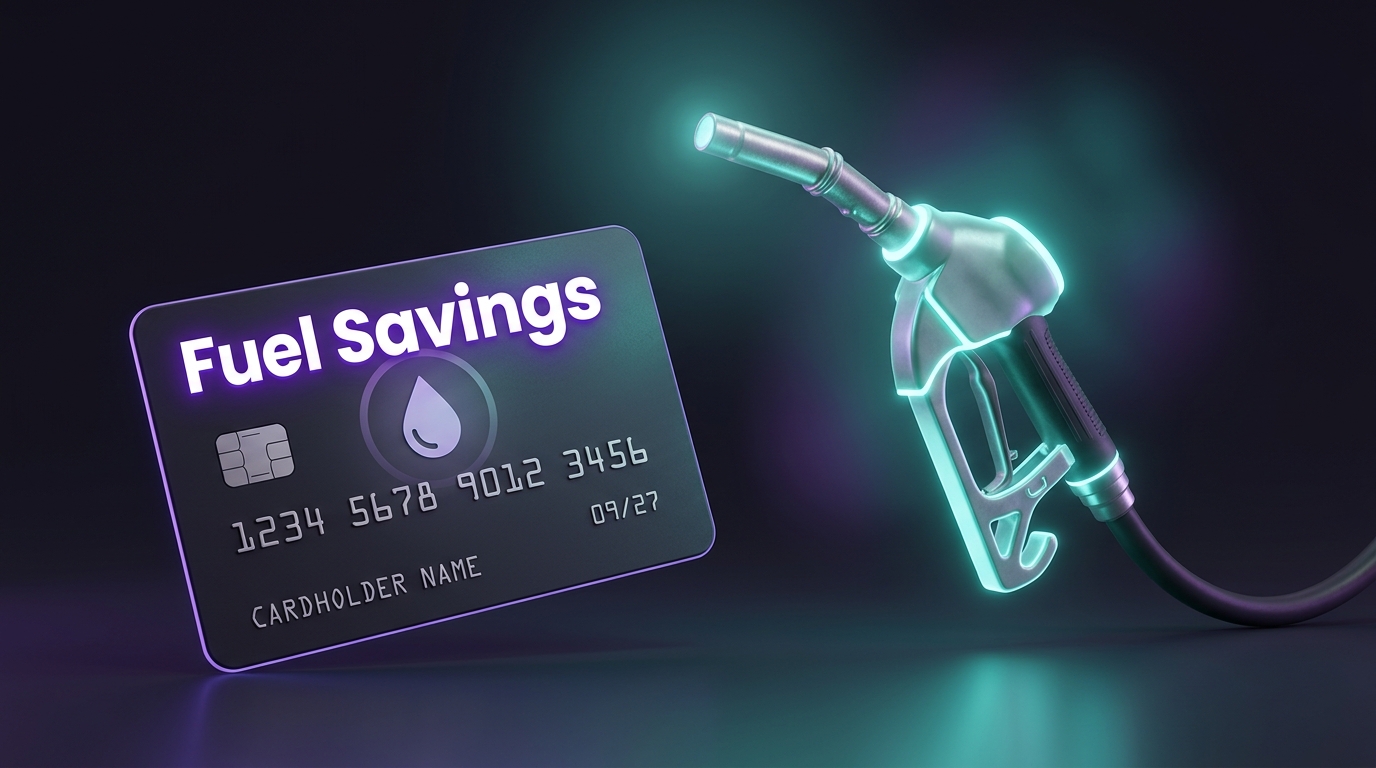 Credit card and fuel pump showing fuel savings