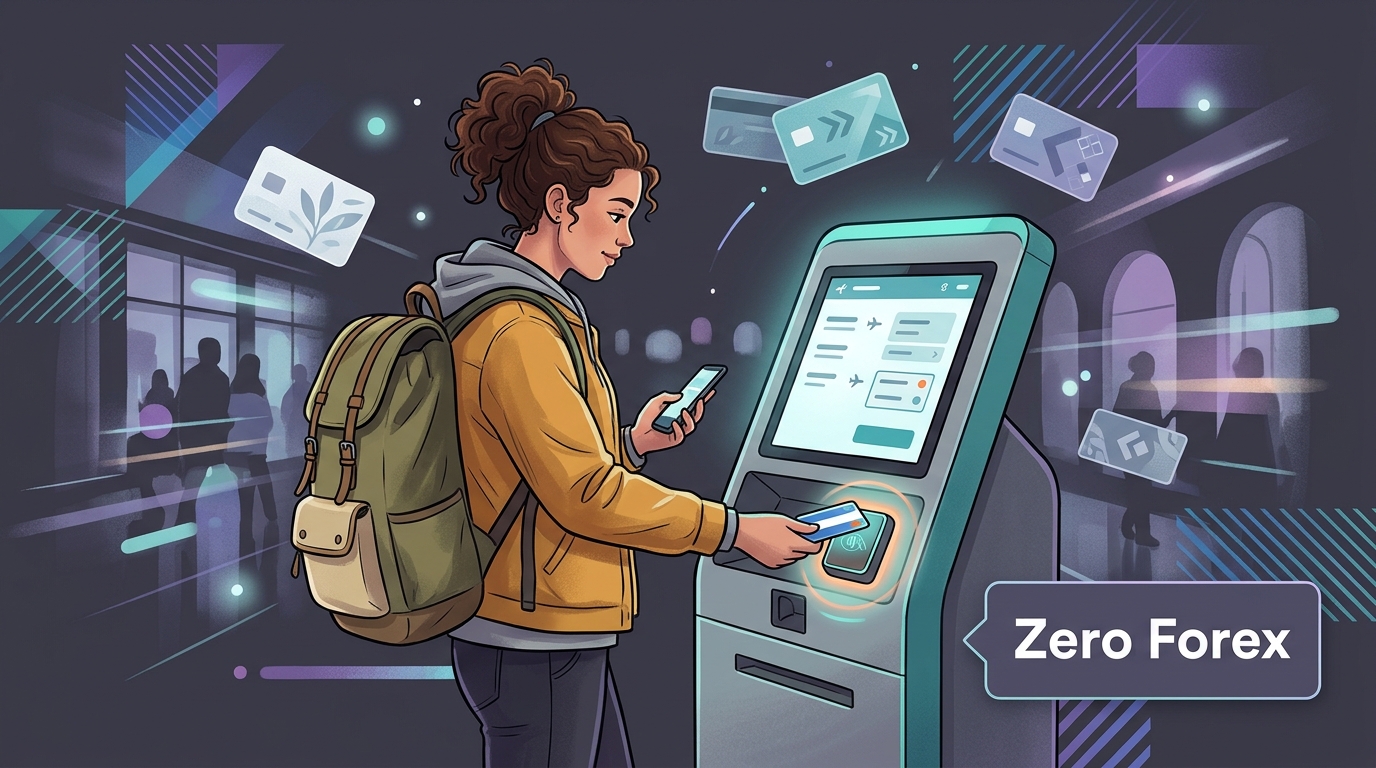Young traveller tapping a credit card at an airport payment kiosk with the text Zero Forex