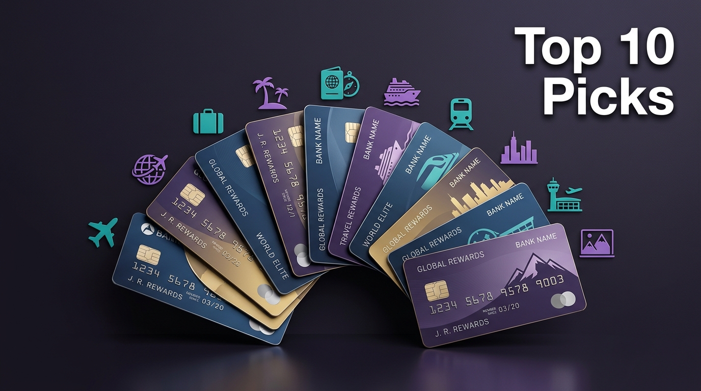 Generic credit cards fanned with travel icons and top 10 picks text