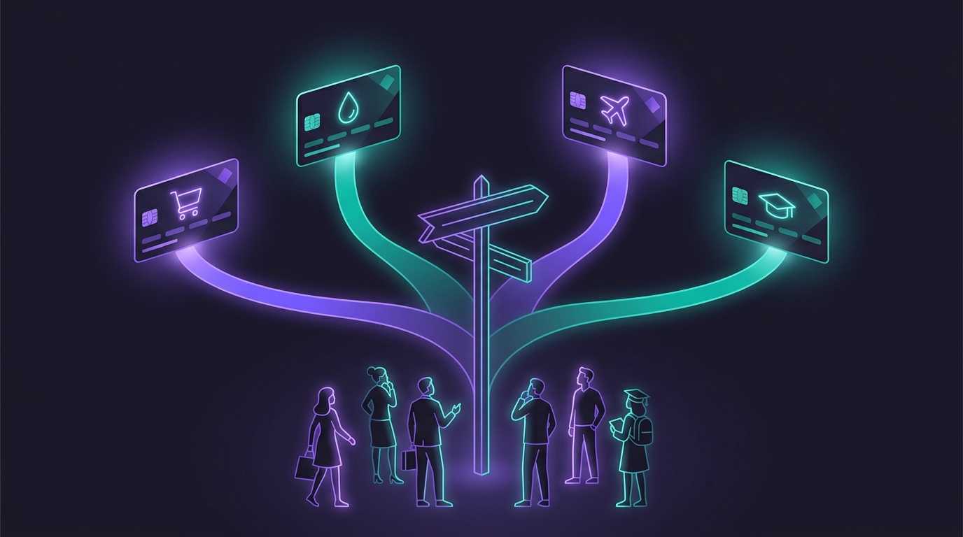 Signpost branching into paths with a different card for each type of spender