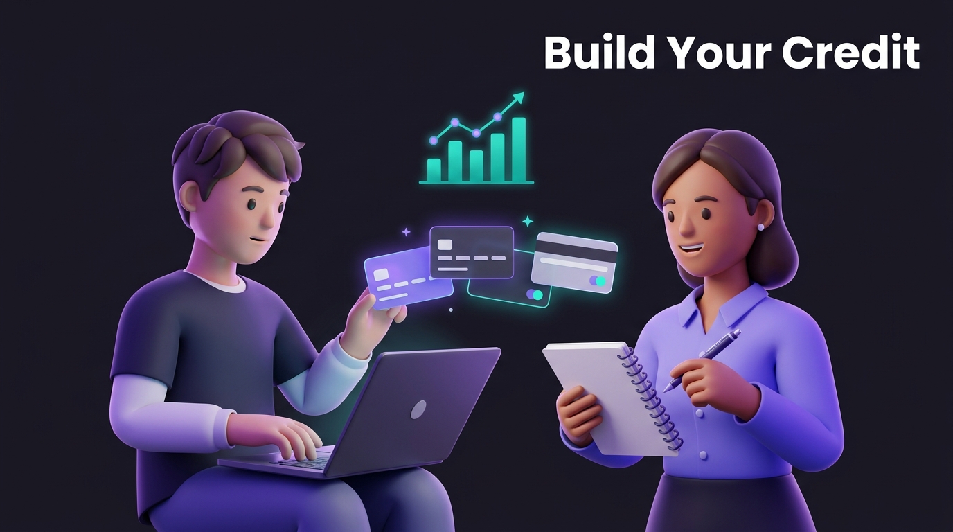 Student and homemaker with floating cards and a rising chart showing credit building