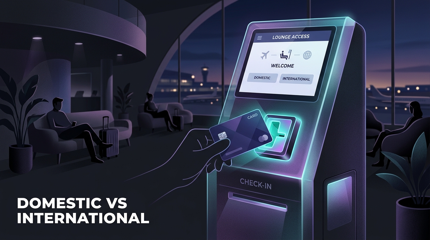 Credit card inserted in a lounge access kiosk with a glowing screen