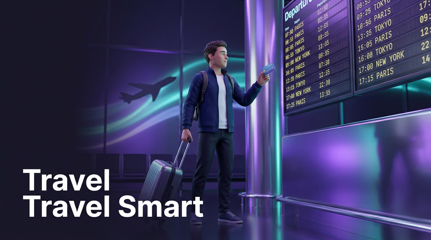 Traveller at airport with credit card and suitcase near departure board