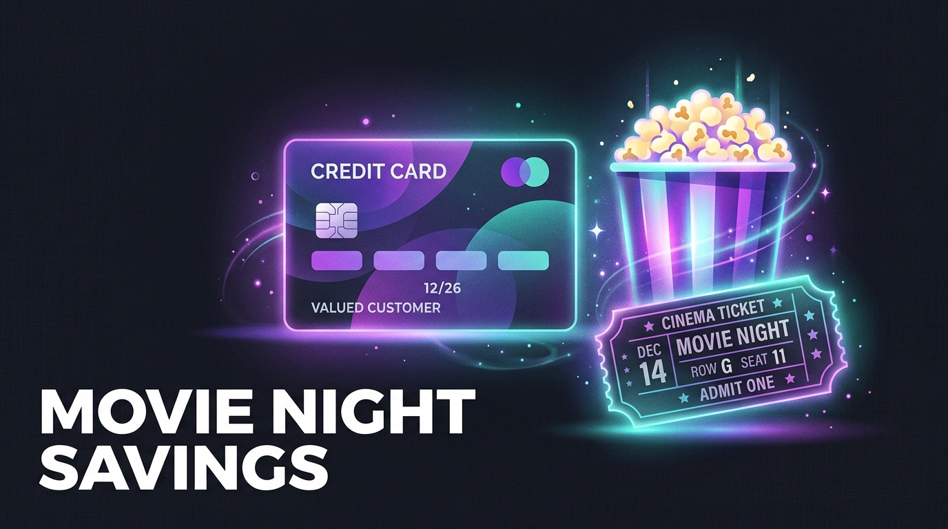 Credit card with popcorn and ticket stub, text Movie Night Savings