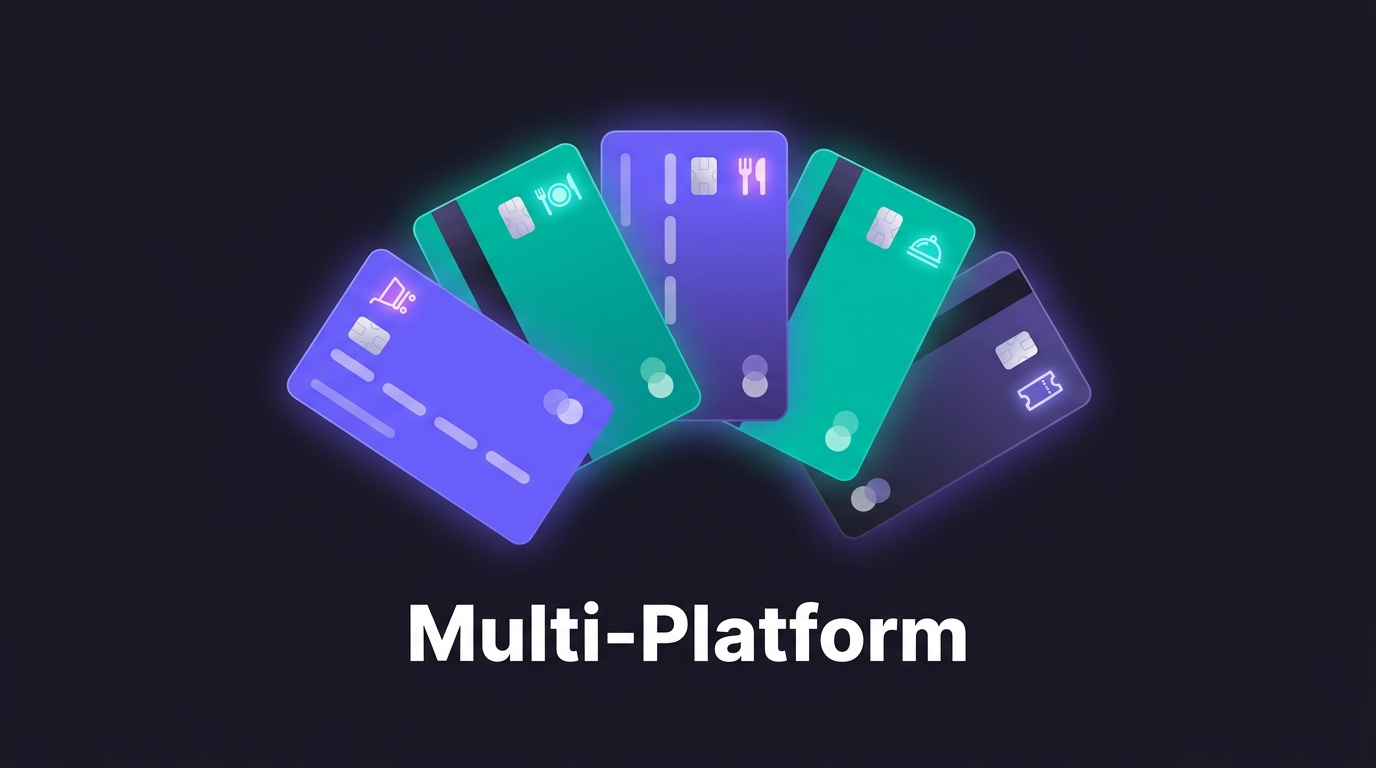 Fanned credit cards with icons for multiple online shopping platforms