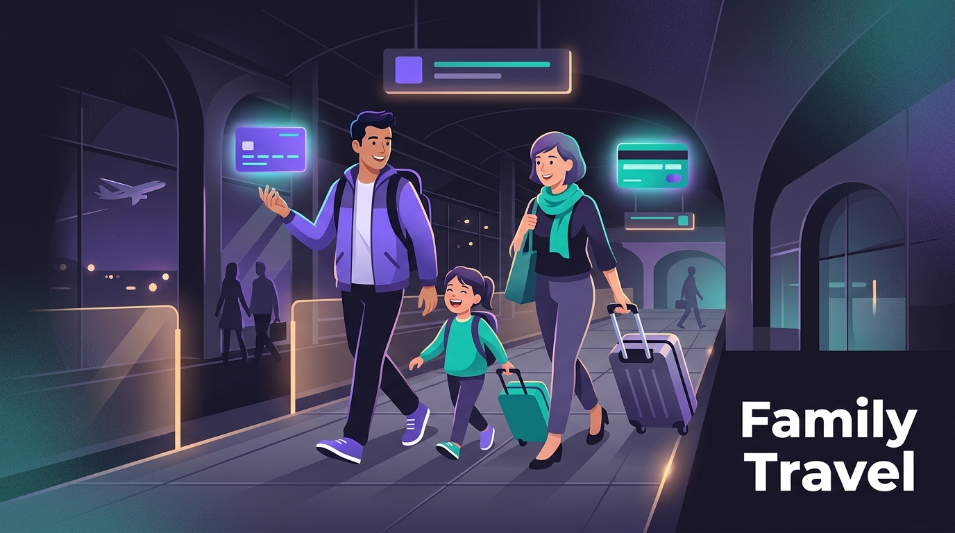 Family walking through airport with luggage and credit cards floating