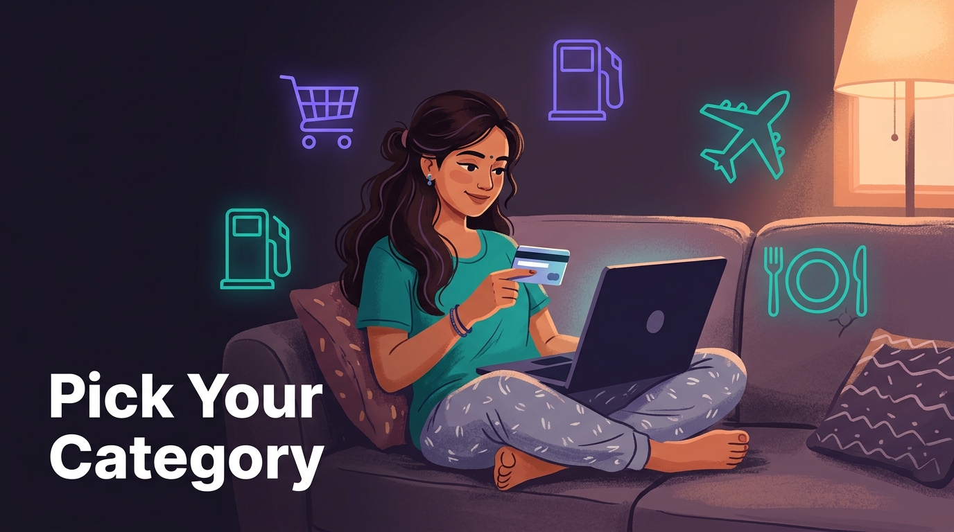 Woman shopping online with category icons around her