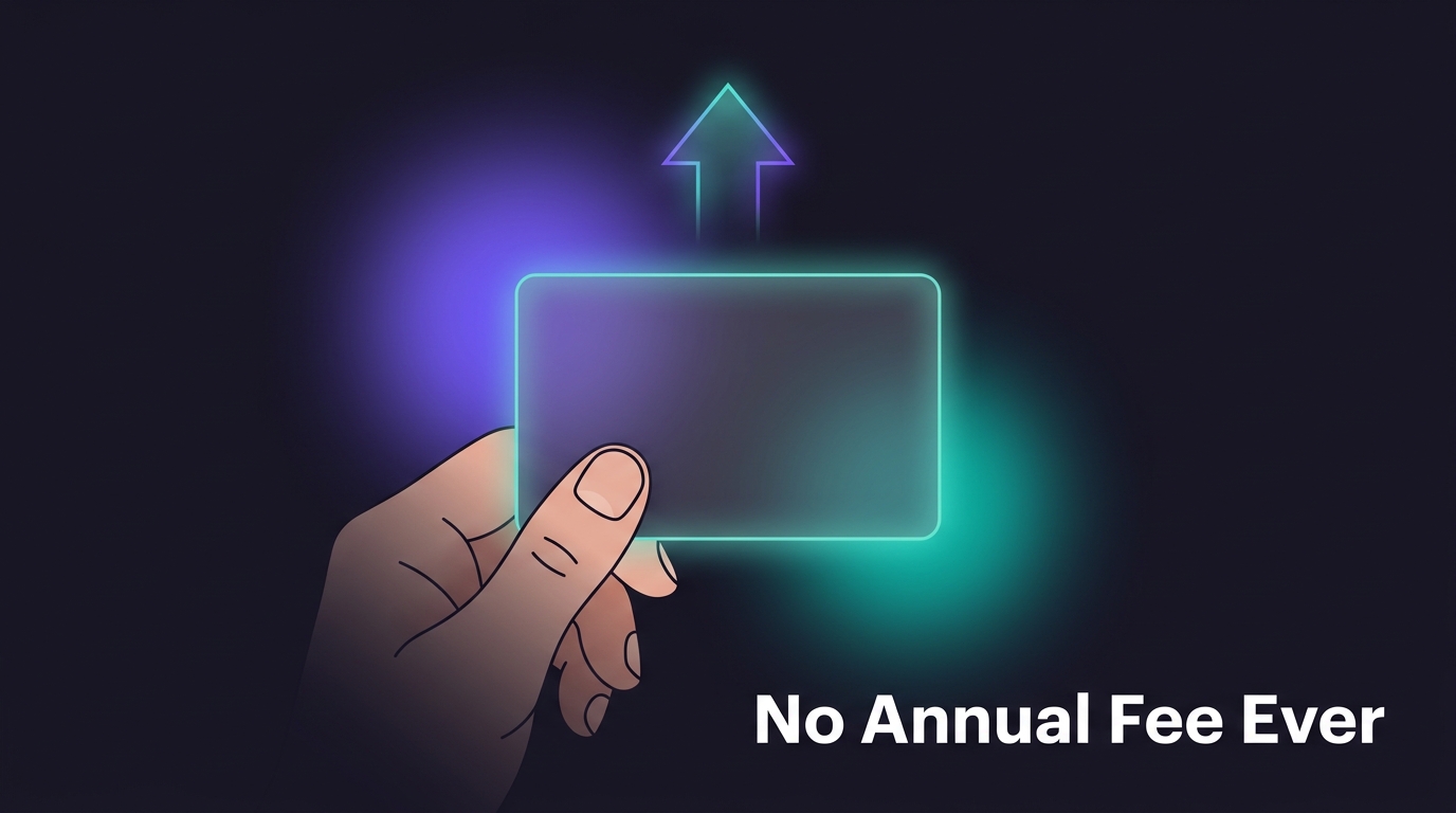 Hand holding a generic credit card with a glowing arrow, symbolising no annual fee