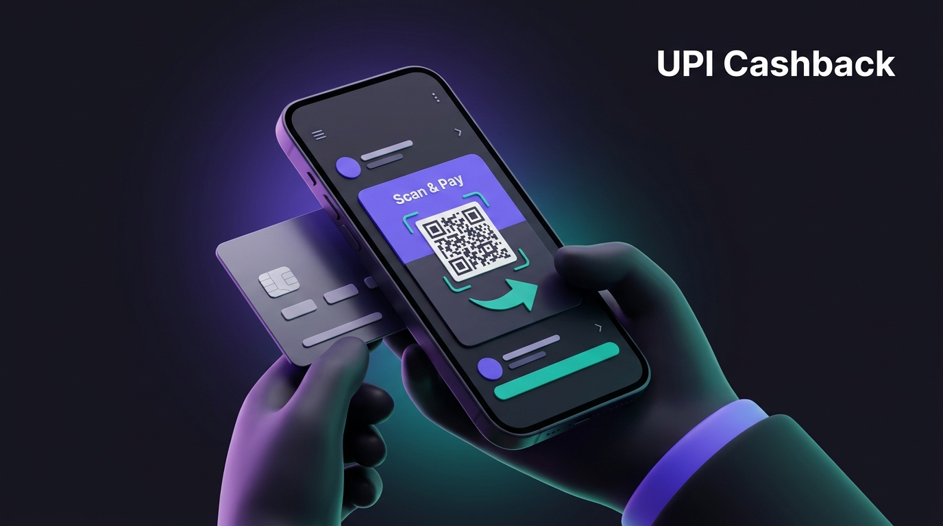 Smartphone showing a generic credit card linked to UPI for scan-and-pay