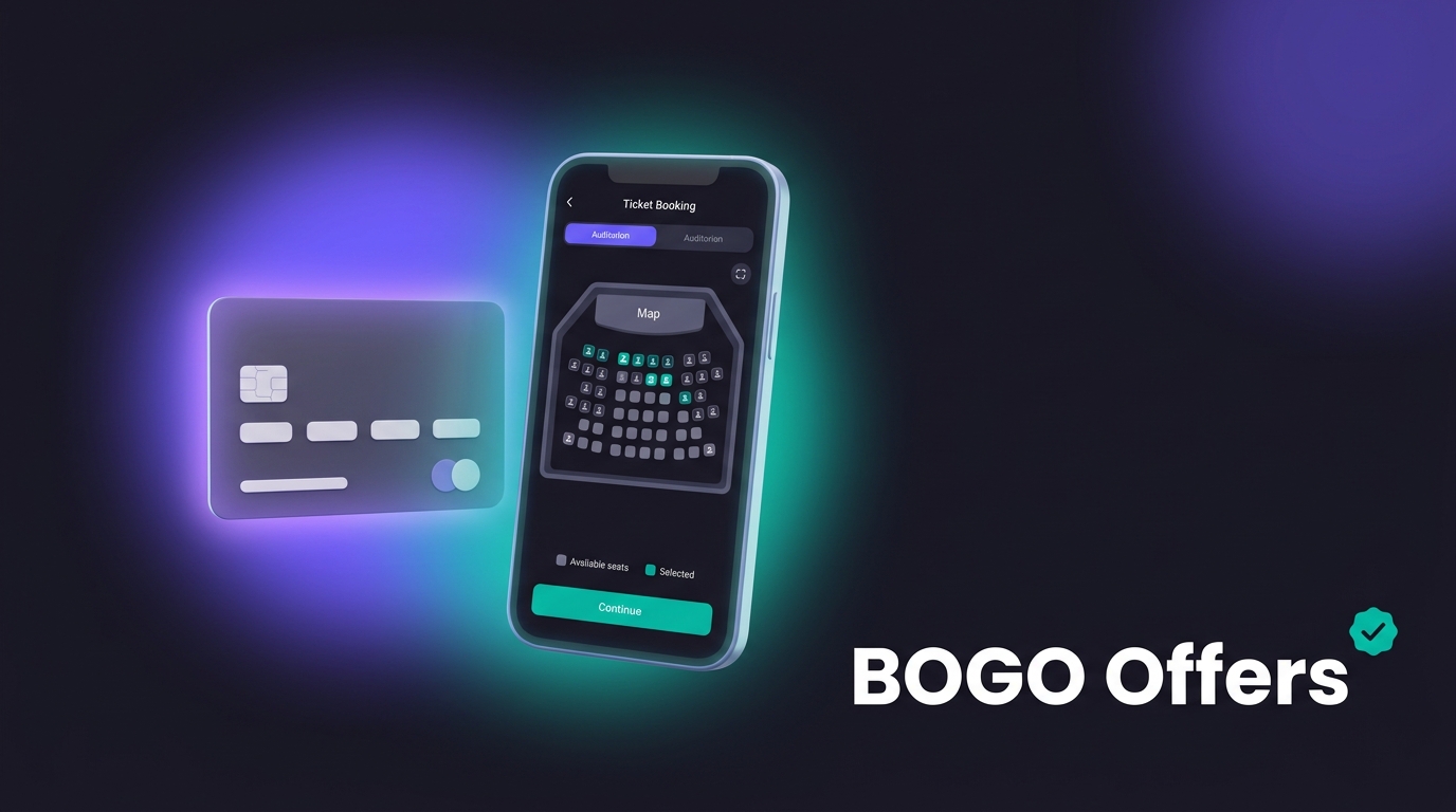 Smartphone showing movie seat selection next to a glowing credit card