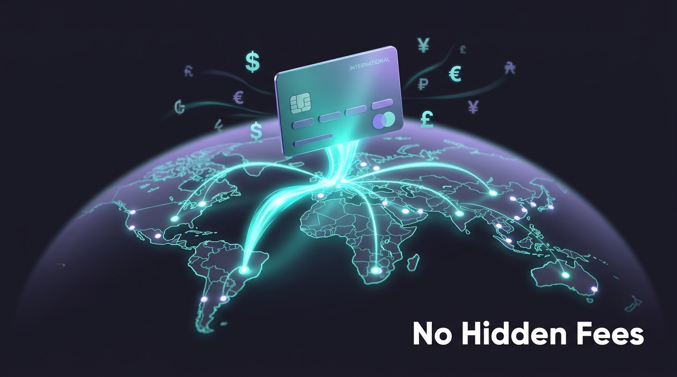 Credit card over a world map with currency symbols and no hidden fees text