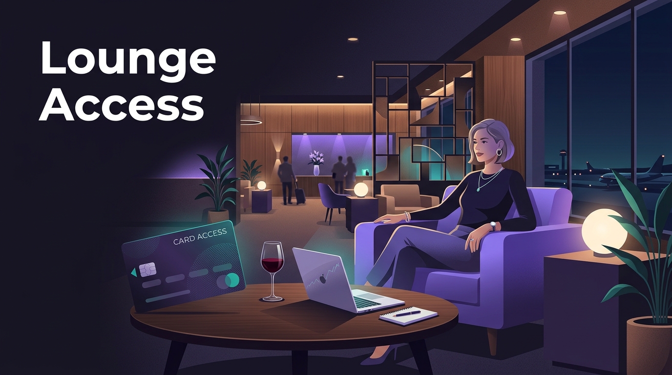 Airport lounge with credit card, wine glass, and laptop, text Lounge Access