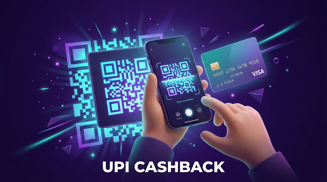 Hands scanning QR payment with phone and floating credit card