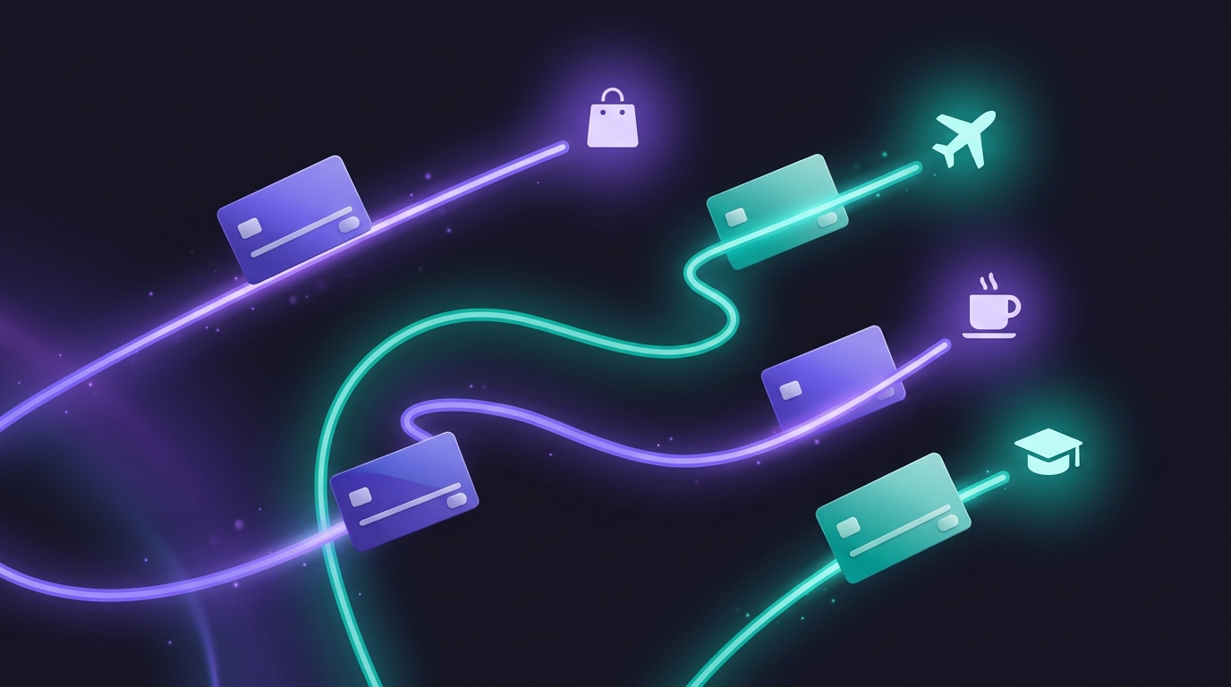 Credit cards on separate paths towards shopping, travel, dining and student icons