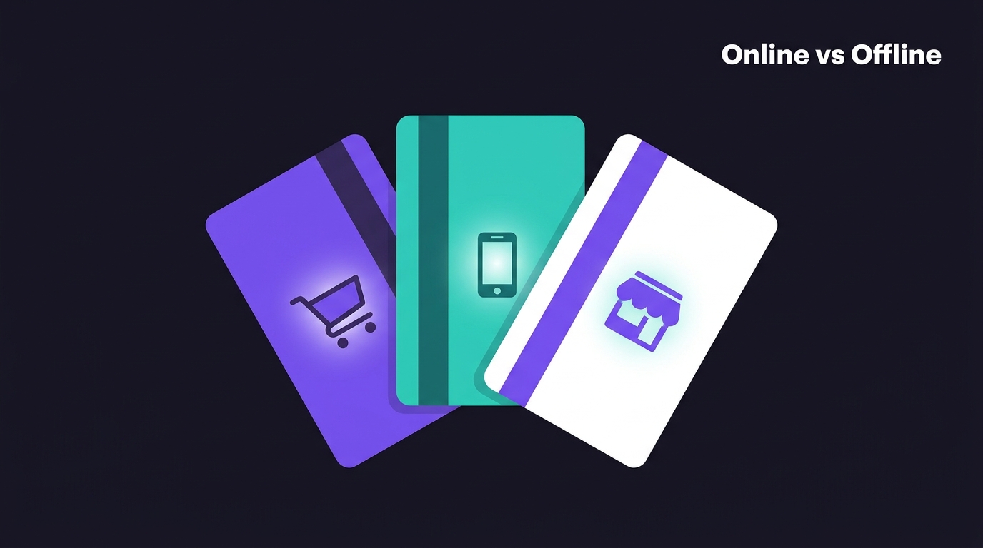 Three credit cards fanned showing online and offline shopping icons