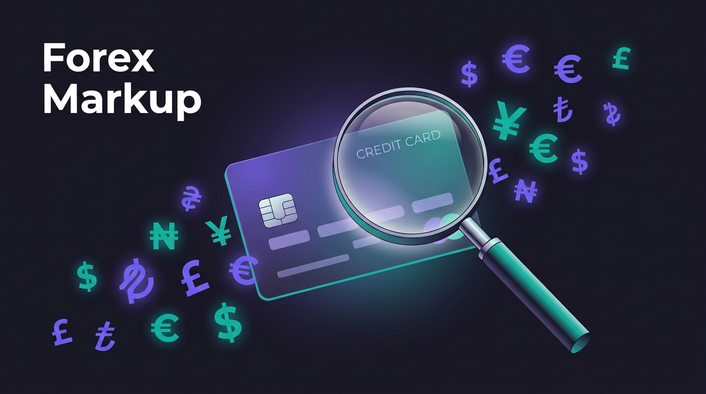 Magnifying glass over a credit card with currency symbols