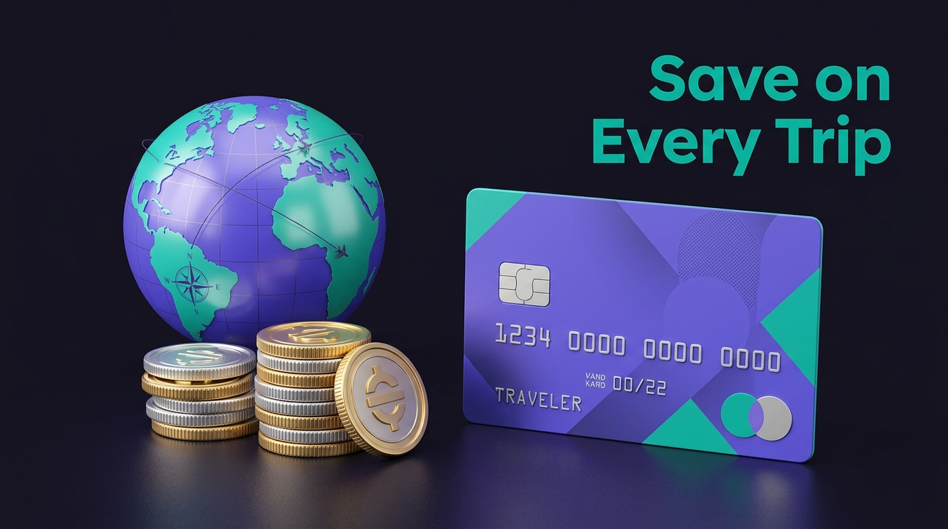 Credit card with coins and globe, text Save on Every Trip