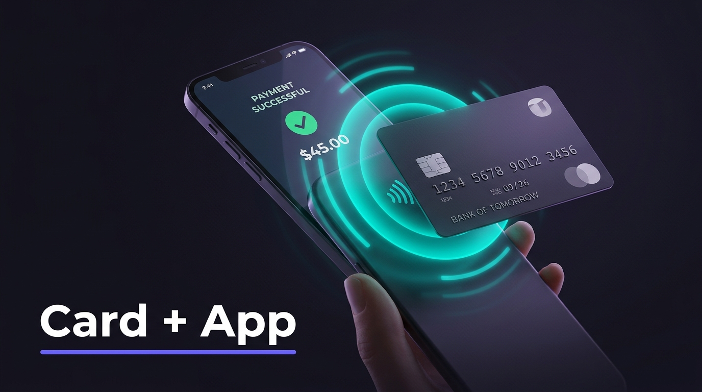Generic credit card tapping a smartphone with glowing teal wave