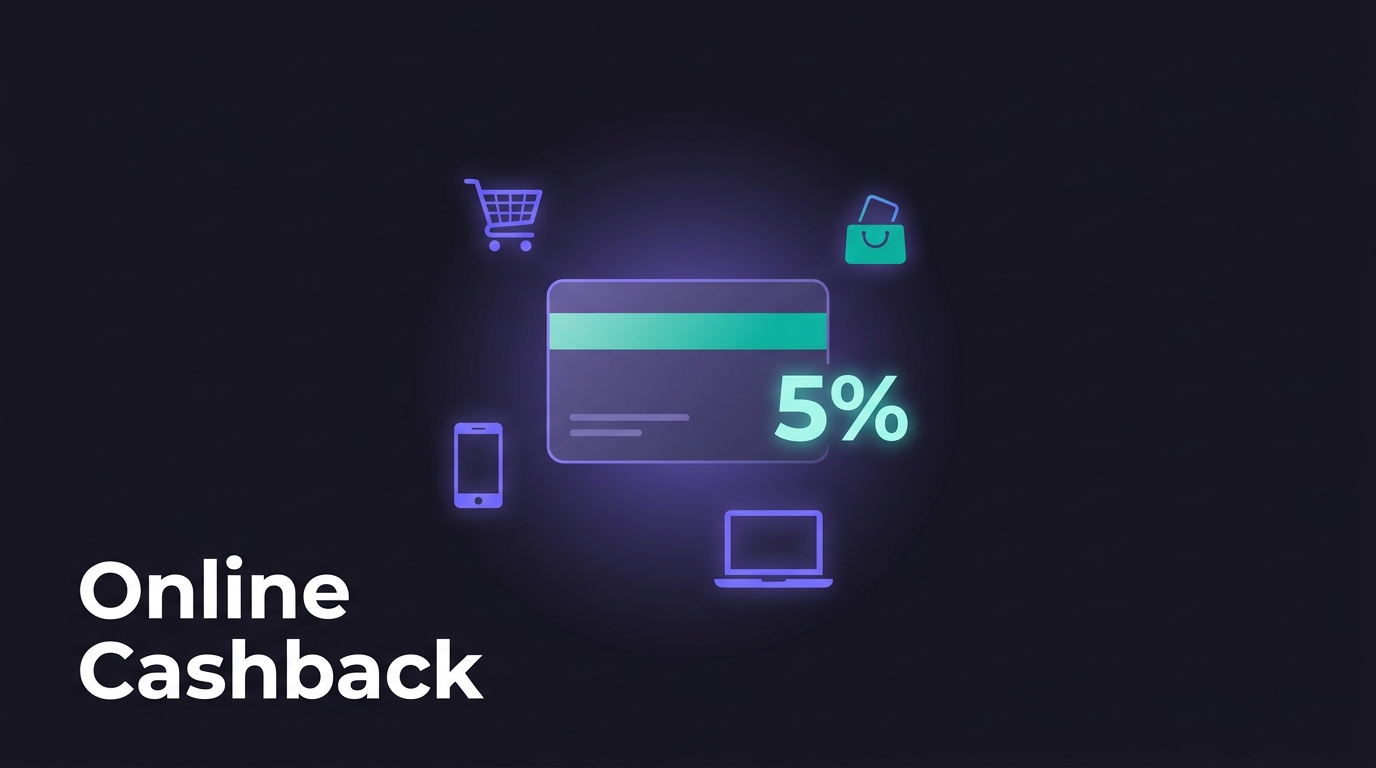 Illustration of a credit card with 5% cashback symbol for online shopping