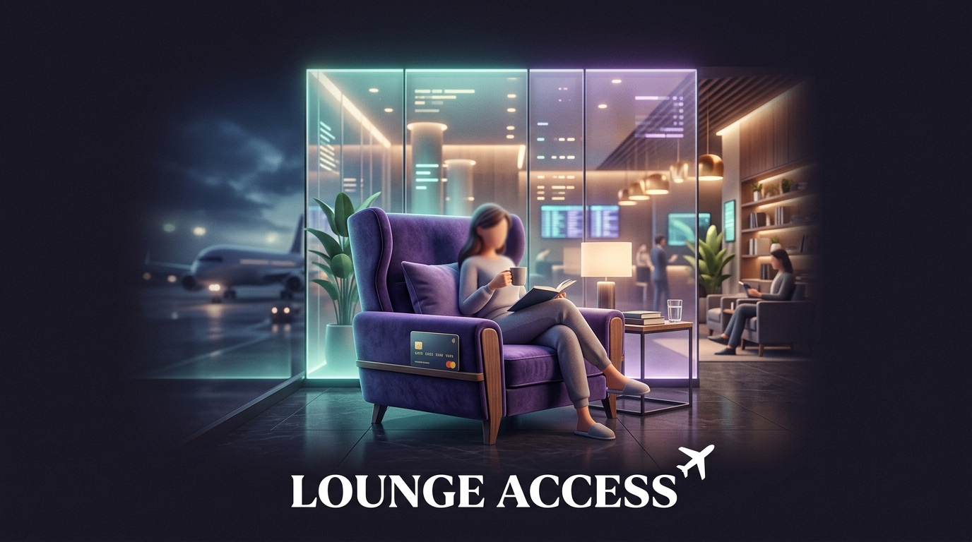 Illustration of an airport lounge with a credit card on the seat and text Lounge Access