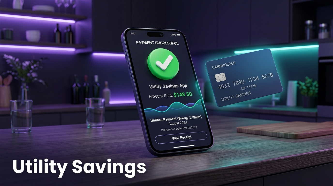 Smartphone showing a successful utility payment with a credit card nearby