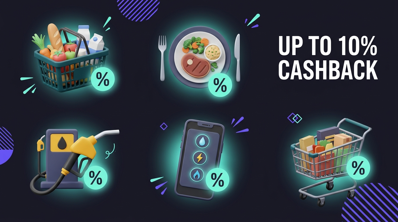 Illustration of grocery, dining, fuel, utility, and shopping items with cashback percentage symbols