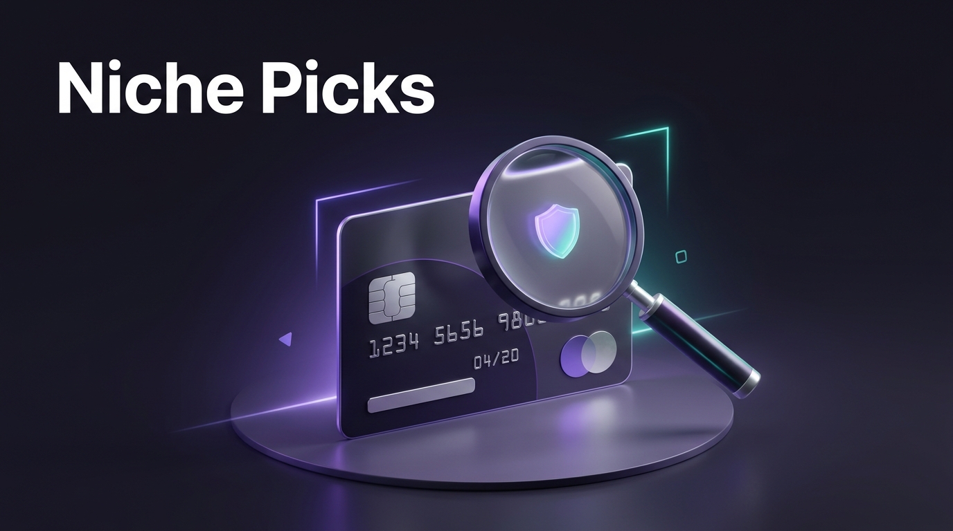 A magnifying glass over a credit card, highlighting a shield icon to represent niche insurance cards.