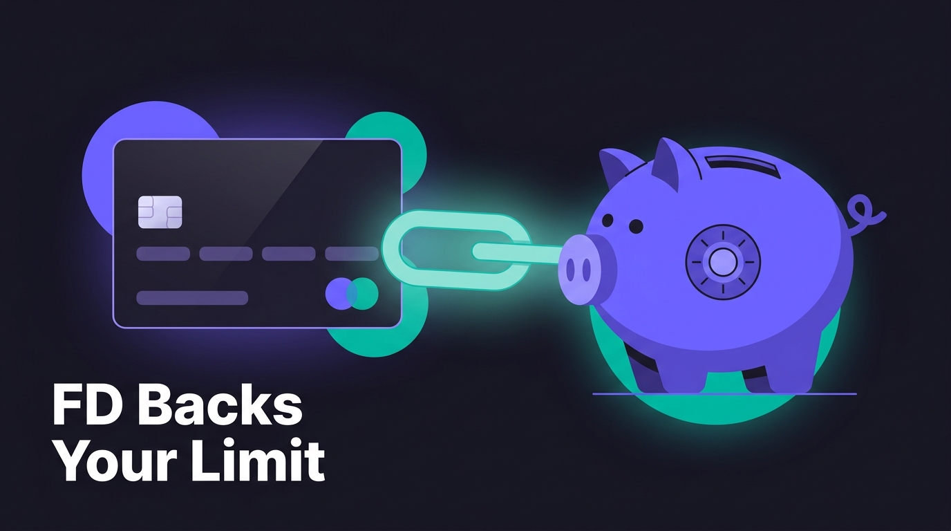 Generic credit card linked to a glowing vault showing a deposit backing the card limit