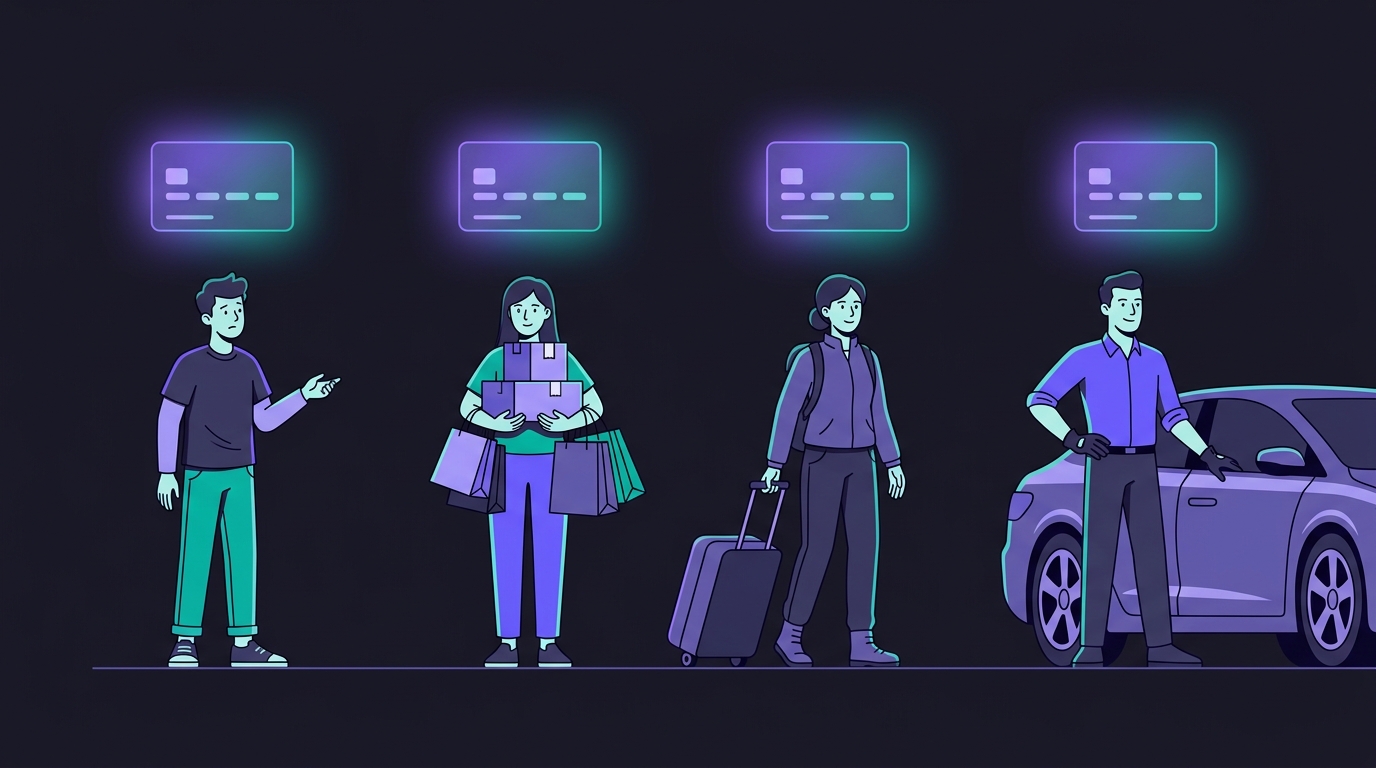 Four illustrated people, a beginner, shopper, traveller and driver, each with a matching floating card
