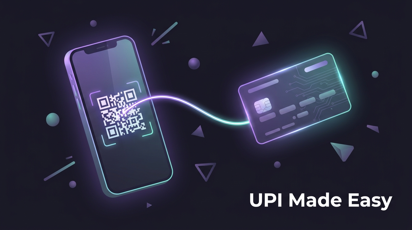 Smartphone with QR code and credit card linked for UPI payment