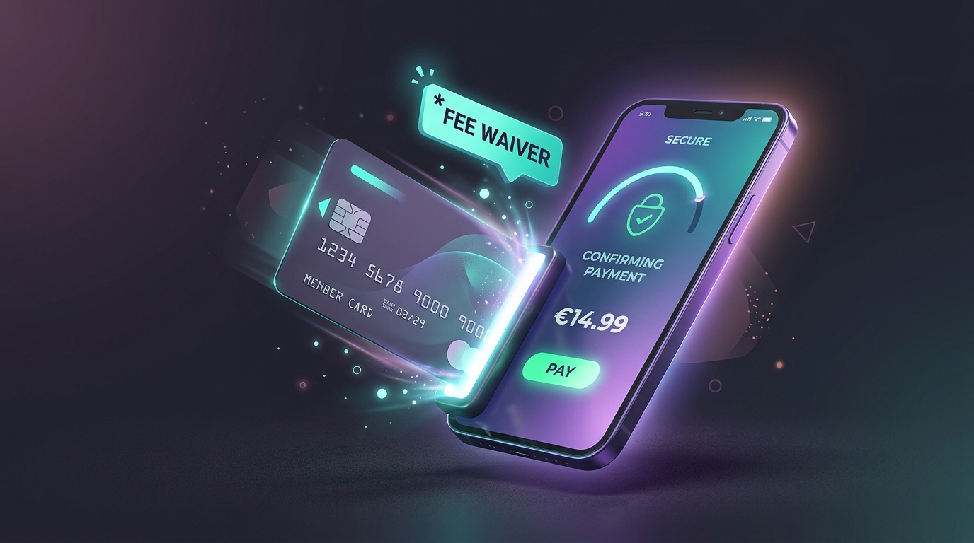Stylized credit card and smartphone with fee waiver label